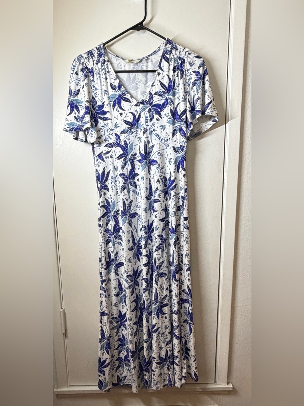 Boden White Blue Floral Insect Bird Jersey Knit Short Sleeve MIDI Dress 2 Petite